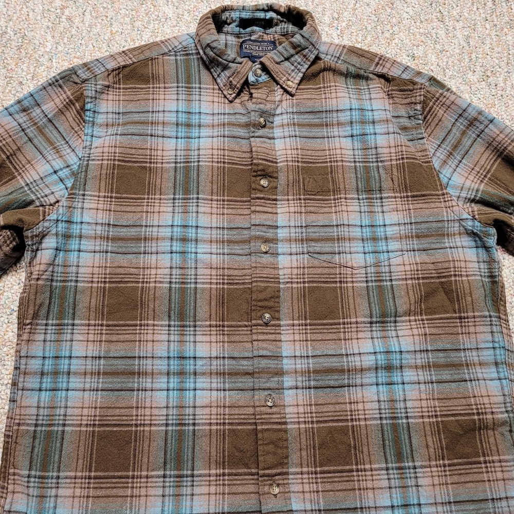 Pendleton Shirt Men Large Brown Blue Plaid Button Down Long Sleeve Hiking Mason - Picture 3 of 15